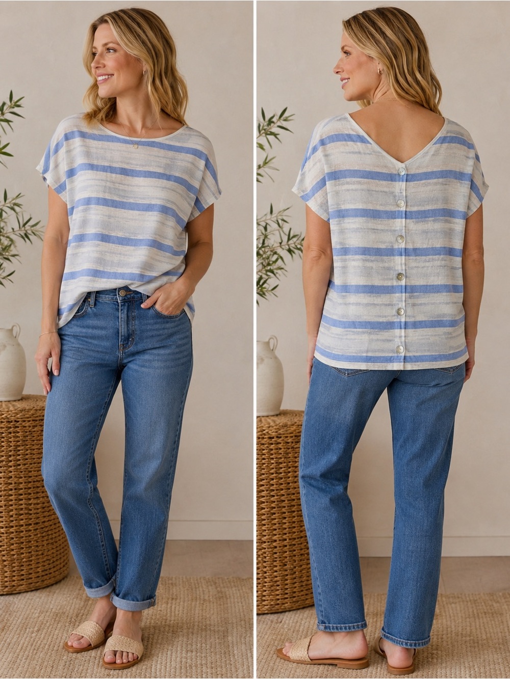 Blue & White Striped 100% Linen Reversible Button-Front Top Women’s L/XL Relaxed